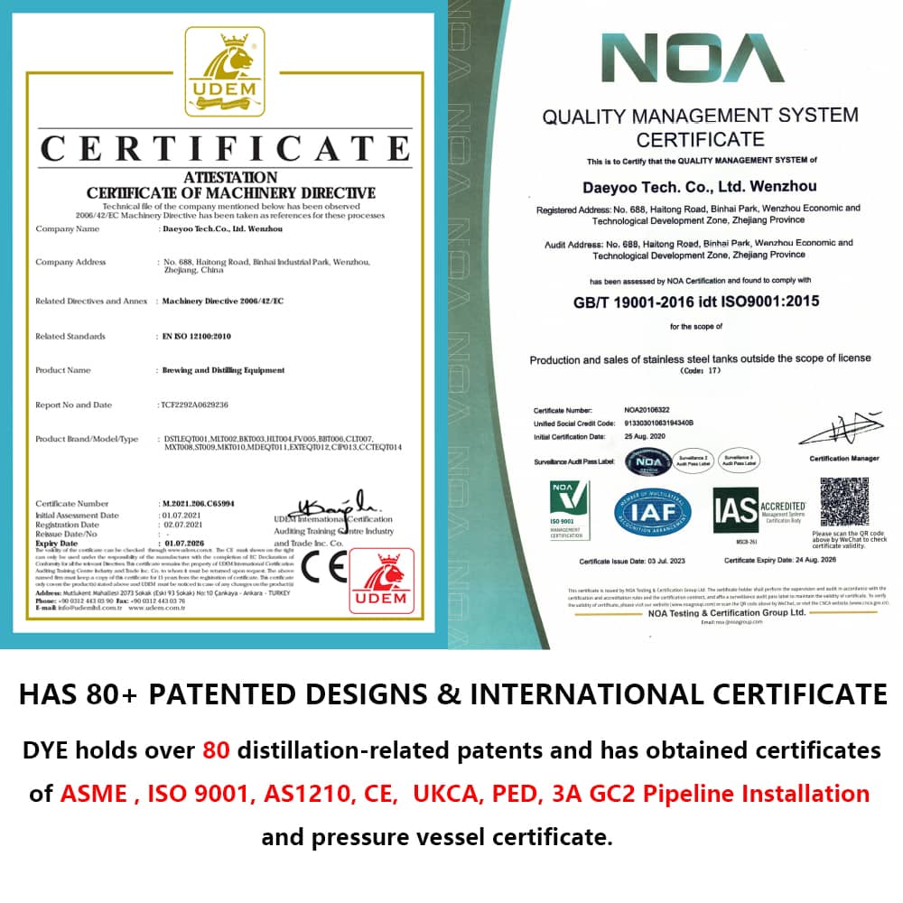 Проект ликеро-водочного завода «под ключ» включает в себя медный куб емкостью 1000 л с двумя дистилляционными колоннами, а также ферментер, резервуар для затирания и резервуар для хранения.