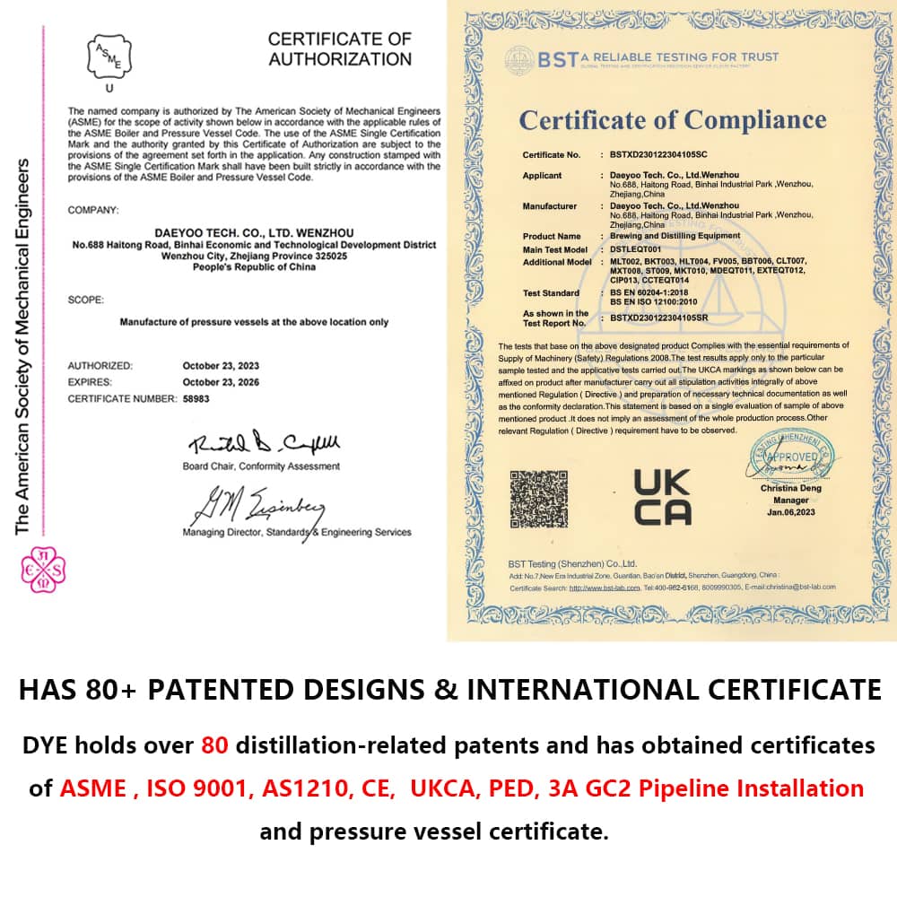 Проект ликеро-водочного завода «под ключ» включает в себя медный куб емкостью 1000 л с двумя дистилляционными колоннами, а также ферментер, резервуар для затирания и резервуар для хранения.